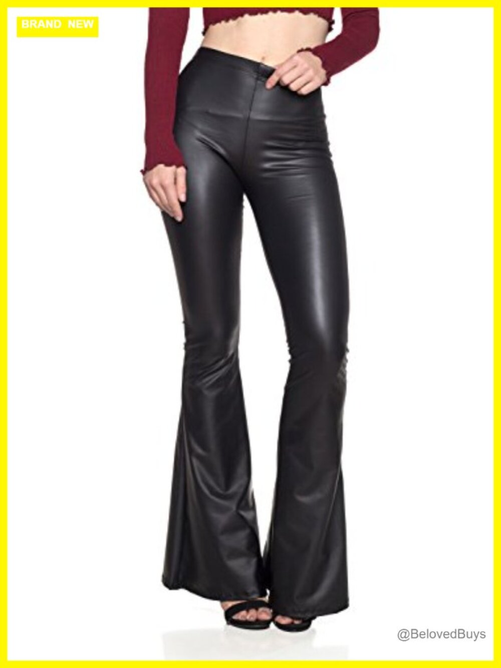 Faux Leather Bell Bottom Flare Pants High Rise Pull On